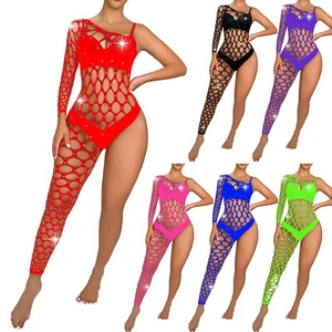 Women's See-Through Rhinestone Fishnet Bodysuit One Sleeve Leg Lingerie Jumpsuit - Picture 1 of 55