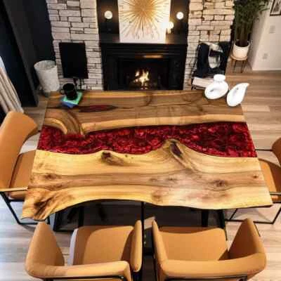 Custom Red Epoxy Resin Table – Live Edge River Table Handmade Wood Design - Image 1 of 4