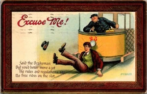 EXCUSE ME! Said the Brakeman STREETCAR humor c1910 Postcard - Picture 1 of 2