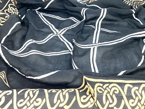 PREOWNED TAROT TABLECLOTH, BLACK COTTON, WHITE & GOLD PENTAGRAM PRINT, 36 X 36" - Picture 1 of 4