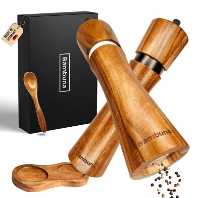 BAMBUNA Acacia Wood Salt and Pepper Grinder - 5 Piece Spice Grinder Set Gift - Image 1 of 4