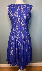 Blue Sleeveless Lace Dress With Nude Tan Slip - Picture 1 of 3