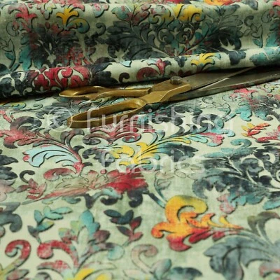 Fire Treated Printed Velvet Floral Blue Damask Multi Colour Upholstery Fabric - Image 1 of 4