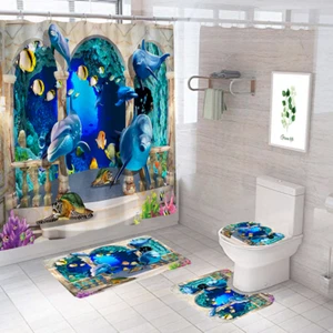 Juego de cortinas de ducha de delfines alfombra antideslizante para baño tapa de asiento de inodoro - Imagen 1 de 20