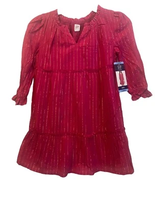 GAP Kids Girls Small 6 6X Dress Long Sleeve Ruffle Sleeve Gold Stripes Pink NWT - Image 1 of 4