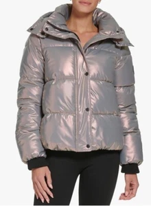 DKNY SPORT PUFFER HIGH SHINE GUNMETAL METALLIC COAT WOMEN LARGE Purple Tint NEW - Picture 1 of 12