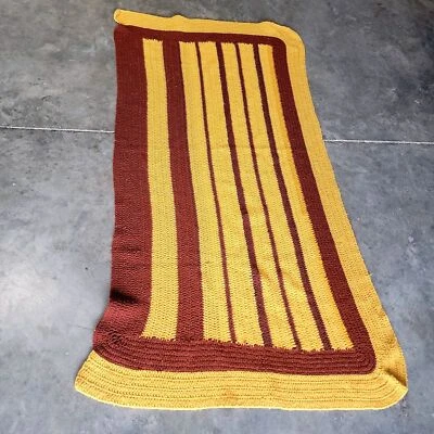 Vintage Handmade Crochet Afghan Throw Blanket Mustard Yellow Brown 64x 32 - Image 1 of 4