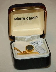 VINTAGE Pierre Cardin Gold & Silver Tone Tie Tack Clasp Genuine Onyx! - Picture 1 of 6