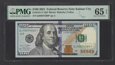 United States-Federal Res 100 Dollars 2021 Fr#2191-J* (QJ* Block)UNC Grade 65 - Image 1 of 2