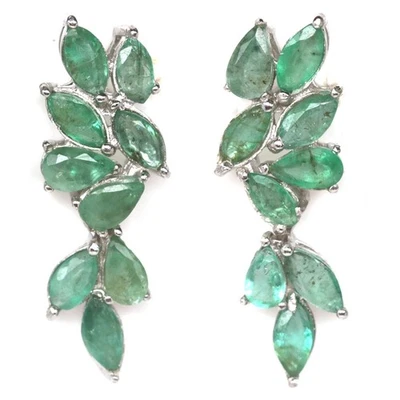 Thailändische Handgefertigte Weiß Vergoldete 3 x 6 mm Grüne Smaragd Ohrringe - Bild 1 von 4