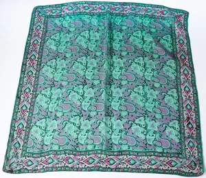 Vintage Indian Chiffon Silk Scarf - Green / Pink  Paisley  Block Print  - L - Picture 1 of 6