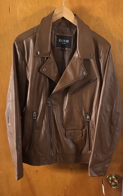 Guess Motorcycle Jacket Mens Medium Brown Zip Pockets - Image 1 of 4
