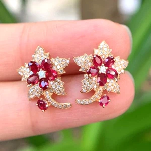 2.07ct Natural round diamond 14K BIS Hallmarked yellow gold ruby Earrings - Picture 1 of 7
