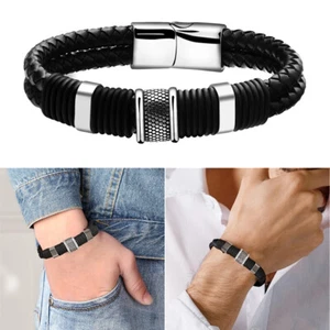 Mens Leather Braided Wristband Bracelet Stainless Steel Magnetic Clasp Bangle - Picture 1 of 11