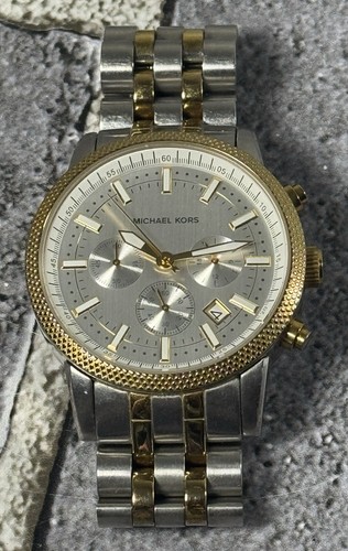 Orologio Cronografo Uomo Michael Kors Tono Oro Argento Ha Bisogno di Batteria