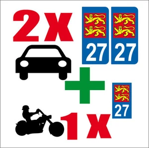 Lot 3 STICKERS 2 x AUTO+1x MOTO STYLE PLAQUE IMMATRICULATION HAUTE NORMANDIE 27 - Picture 1 of 1