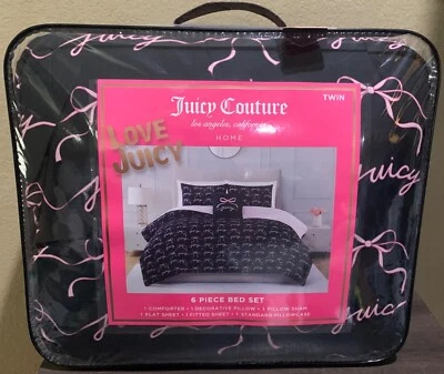 Juicy Couture Negro/Rosa Arcos y Logotipos 6 piezas Juego DOBLE Edredón, Falsa, Sábanas, Almohada Foto 1 de 4