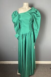 Vintage 80s Alfred Angelo Womens XS/S Green Taffeta Off-Shoulder Prom Gown Dress