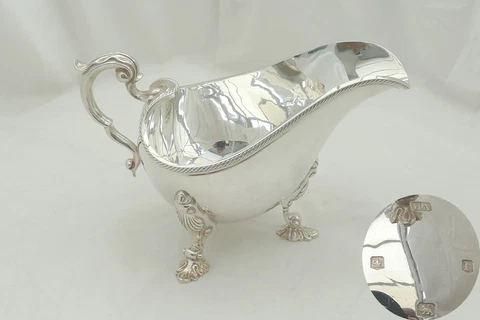 RARE GEORGE V HM STERLING SILVER REGENCY STYLE SAUCE BOAT 1934 16.9 oz Cover