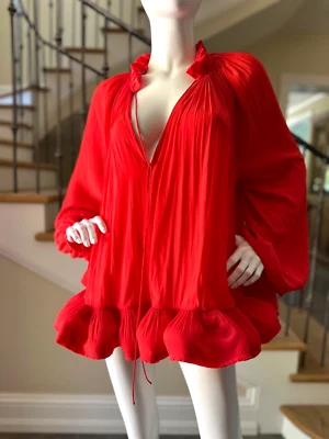 Lanvin Ruffled Red Charmeuse  Mini Dress with Ruffle Hem - Image 1 of 4