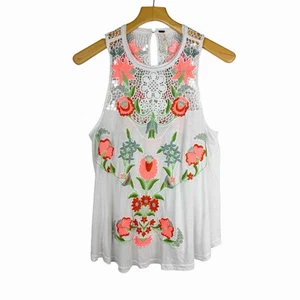 Camiseta sin mangas Free People Flower Power bordada floral mezcla de lino talla mediana - Imagen 1 de 12