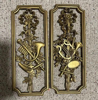 Pair Of Vintage Homco Syroco Gold Plastic Musical Instrument Wall Plaques - Image 1 of 4
