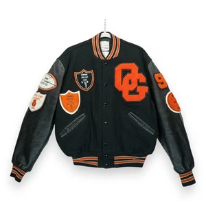 Vintage 90s Wool & Leather Varsity Jacket Men's 44 Patched Snap Closure Black - Picture 1 of 9