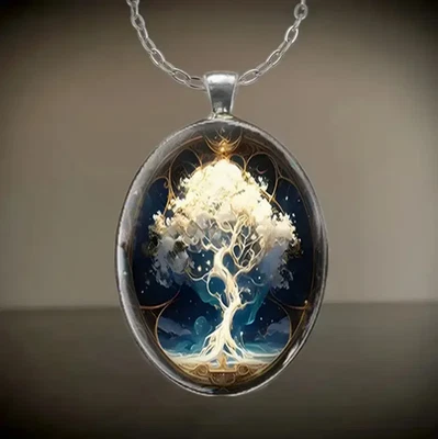 Tree Of Life Oval Jewelry Vintage Silvery Gothic Strength Pendant Necklace I - Image 1 of 4