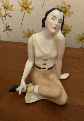 German Art Deco Flapper Figurine Seated Bathing Beauty Friend Antique - Image 1 of 4