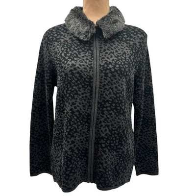 Cárdigan Kasper ASL Cremallera Completa Estampado Animal Suéter Extraíble Cuello de Piel Pequeño 8P Foto 1 de 4