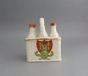 Crested Ware - Arcadian China - Wicker basket of Milk Bottles Northampton Crest - Picture 1 of 8