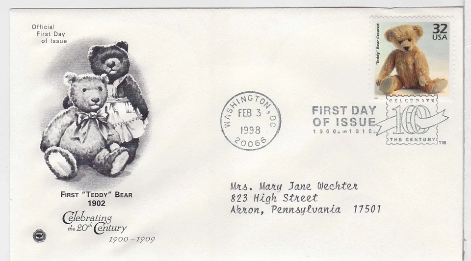 TurtlesTradingPost- First Teddy Bear- 1900s 1998 #3182k  FDC- Artcraft Variety - Image 1 of 1