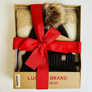 Lucky Brand Scarf And Hat Set Choc Beanie w/ Pom Pom Brown - Picture 1 of 7