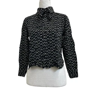 Zara schwarz & beige bedruckt Fliege Ausschnitt Knopfleiste Crop Büro Bluse Gr. S - Bild 1 von 10