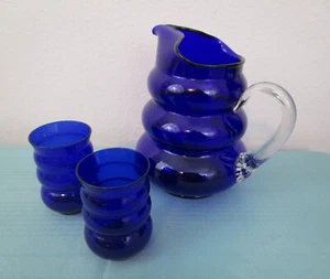 Vintage Louie Glass Co Cobalt Blue Glass Pitcher & (2) Tumblers 1930's - Picture 1 of 14