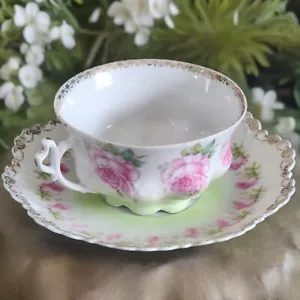 Antique MZ Austria Pink Rose Teacup and Saucer w/ Heart Shaped Handle Gold Trim - Picture 1 of 10