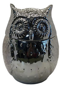 Vintage West Elm 10” Ceramic Silver Owl Cookie Treat Large Jar Canister W Lid PO