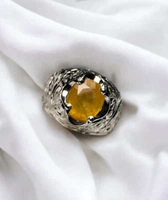 Anel masculino gravado de safira amarela natural 3 quilates prata 925 homem mulher anel Pukhraj - Imagem 1 de 4