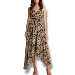 Marc Jacobs Size 8 Silk Asymmetrical Floral Midi Dress Neutral Beige Black Flowy - Picture 1 of 11