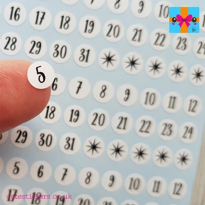 CUTE STICKERS Date Dot Number Planner Stickers BLACK & WHITE Script Reminder Diary Calendar