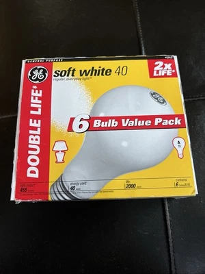Pack Of 6 NEW GE Light Bulbs, 40 Watt, Soft White, Long Life A19 Bulbs NOS - Image 1 of 4