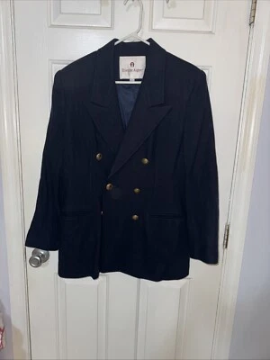 Chaqueta Blazer Etienne Aigner 100% Lana Tinta Oscura Doble Pecho Forrada Talla 14 Foto 1 de 4