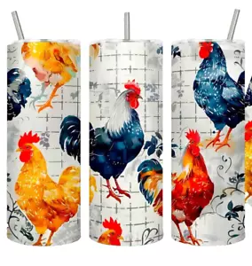 Watercolor Rooster Chicken Chickens 20oz Tumbler Insulated Travel Mug Cup - Picture 1 of 3