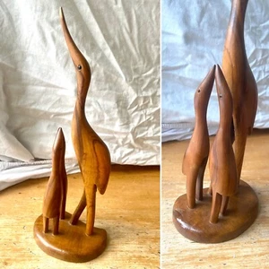 Rare Vintage Carved Wooden Teak Crane / Heron With Two Chicks / Sculpture - Picture 1 of 12