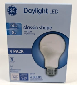 GE Daylight LED Classic Shape A19 Light Bulbs 4 Pack 8W Replace 60W 760 Lumens - Picture 1 of 4