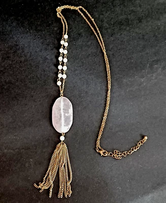 Collar Colgante Cuarzo Rosa Blanco Imitación Perlas Oro Cadena Borla Cuentas 20" Foto 1 de 4