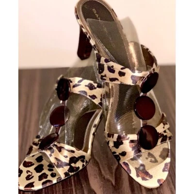 Shoes Brown Heel Size:10 Open Toe Mid Heel Leopard Print Vintage Bandolino Slide - Image 1 of 4