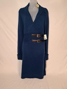 Ladies Allison Brittany Blue Sweater Dress w/Double Faux Leather Belt Shawl NEW - Picture 1 of 4
