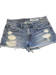 Volcom Womens Jean Shorts Size 27 Cut Off Blue Denim Distressed Surf Beach - Picture 1 of 7