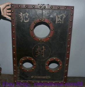 28" Raro Antiguo China Madera Laca Ware León Prisionero Cadenas Instrumentos de Tortura - Imagen 1 de 12